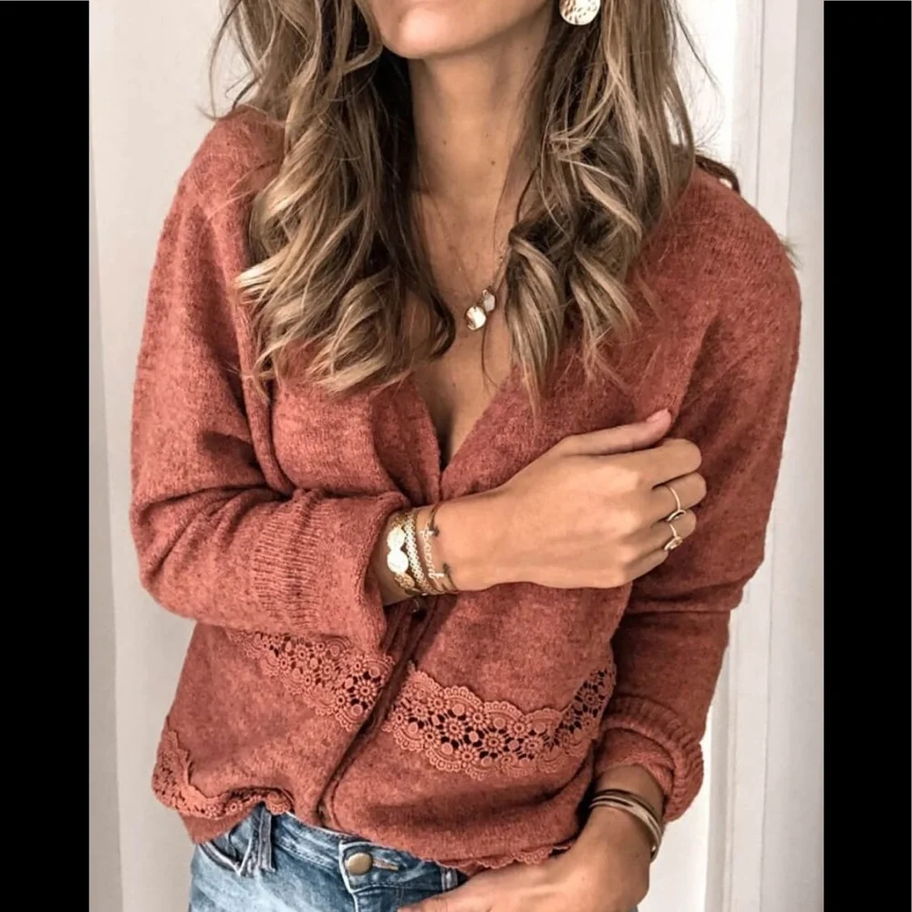 Deep V Neck Lace Patchwork Brick Rustic Red Button Up Cardigan Sweater